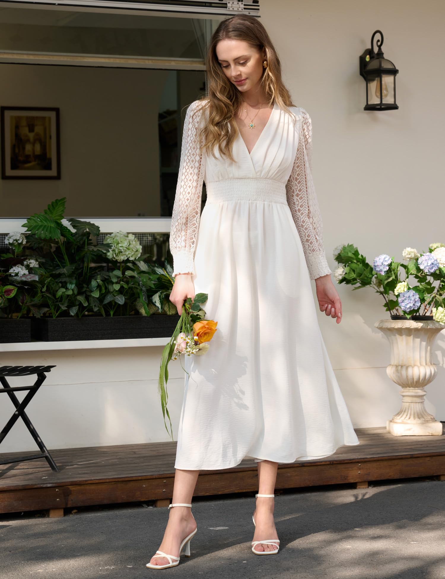 Elegant Lace Long Sleeve Maxi Dress for Women - V Neck Semi Formal Church & Wedding Guest Dress with Pockets | Perfect for Spring Weddings, Church Events & Special Occasions
