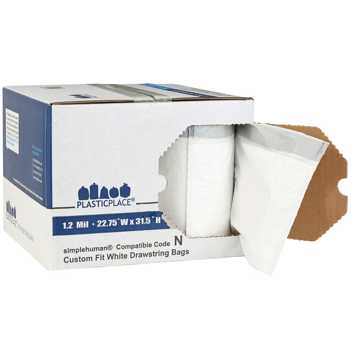 Plasticplace Custom Fit Trash Bags for Simplehuman Code N - 200 Count White Drawstring Garbage Liners (12-13 Gallon / 45-50L, 22.5