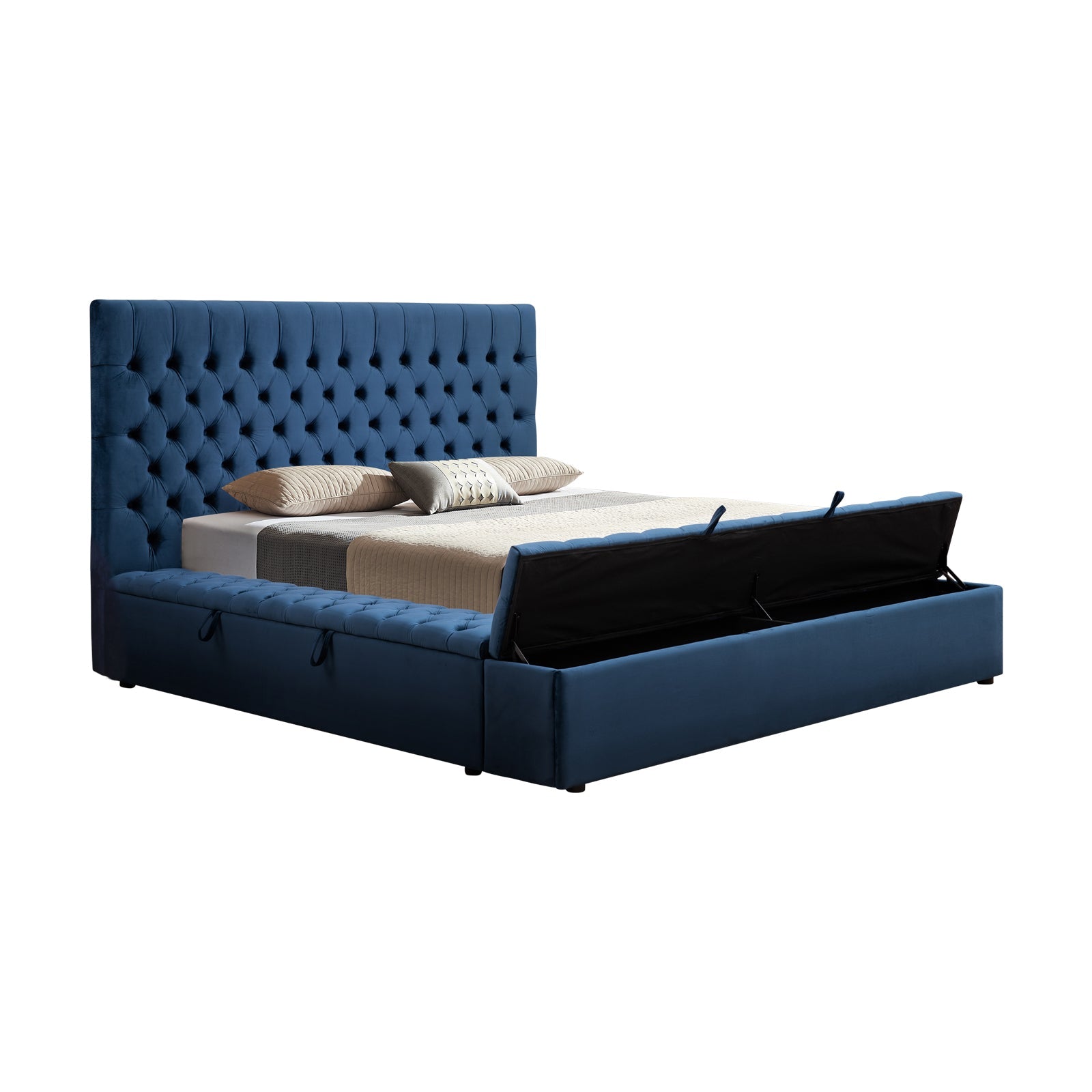 Luxury Anna Queen Size Bed Frame with Velvet Upholstery in Deep Blue - Elegant Bedroom Furniture for Master Suite & Guest Room Decor