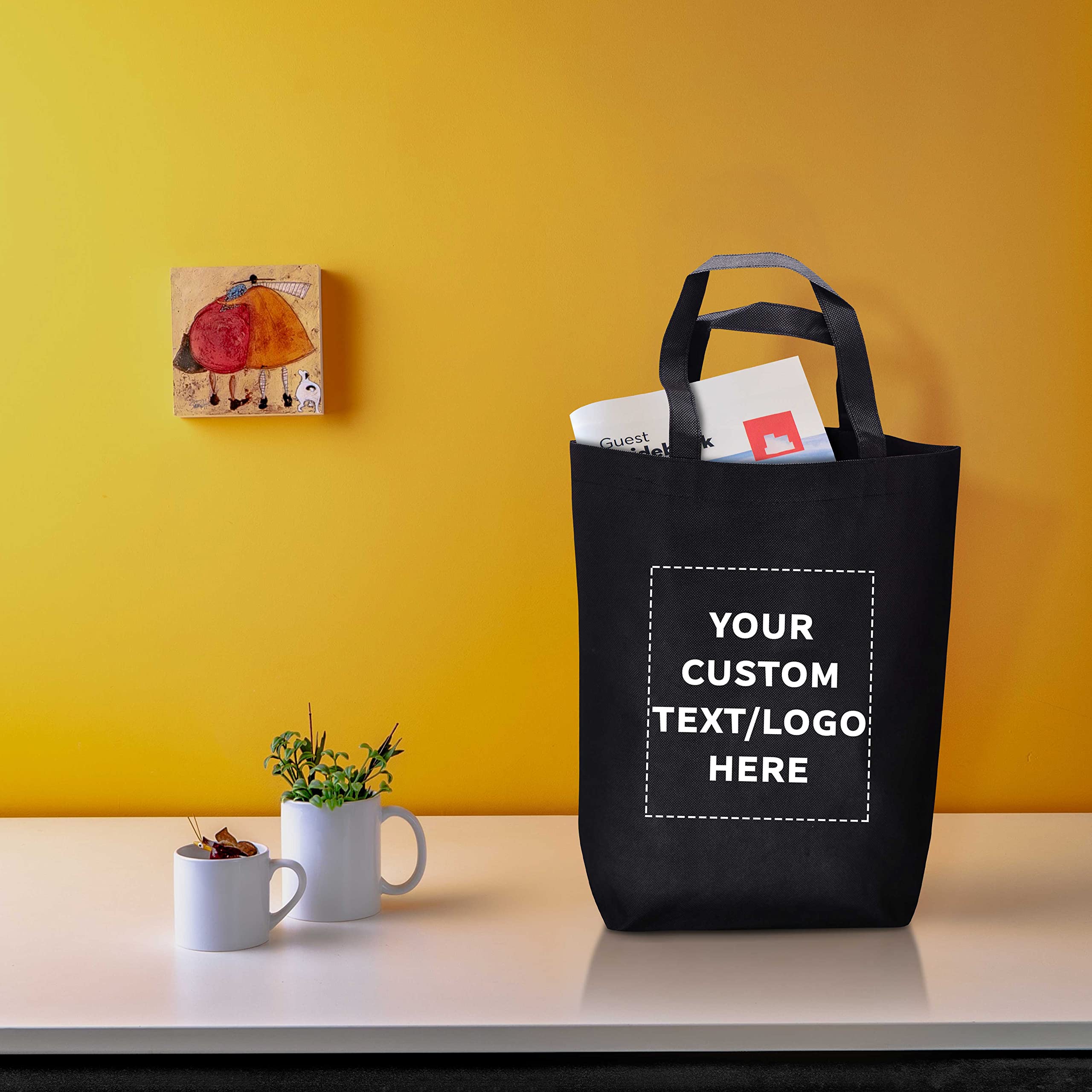 Custom Large Heavy Duty Reusable Tote Bags - Bulk Pack of 50 Personalized Grocery & Shopping Bags - Durable Promotional Bags for Business Branding & Giveaways - Black - Perfect for Trade Shows, Retail Stores & Eco-Friendly Shopping