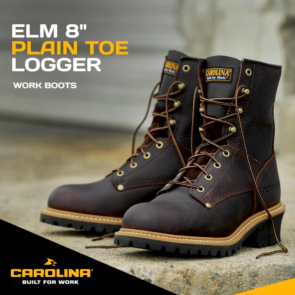 Men's Carolina Elm 8-Inch Unlined Logger Work Boots - Genuine Leather Upper, Comfort Pillow Cushion Footbed, Oil & Slip Resistant Welted Outsole, EH Rated - Perfect for Construction, Logging & Outdoor Work