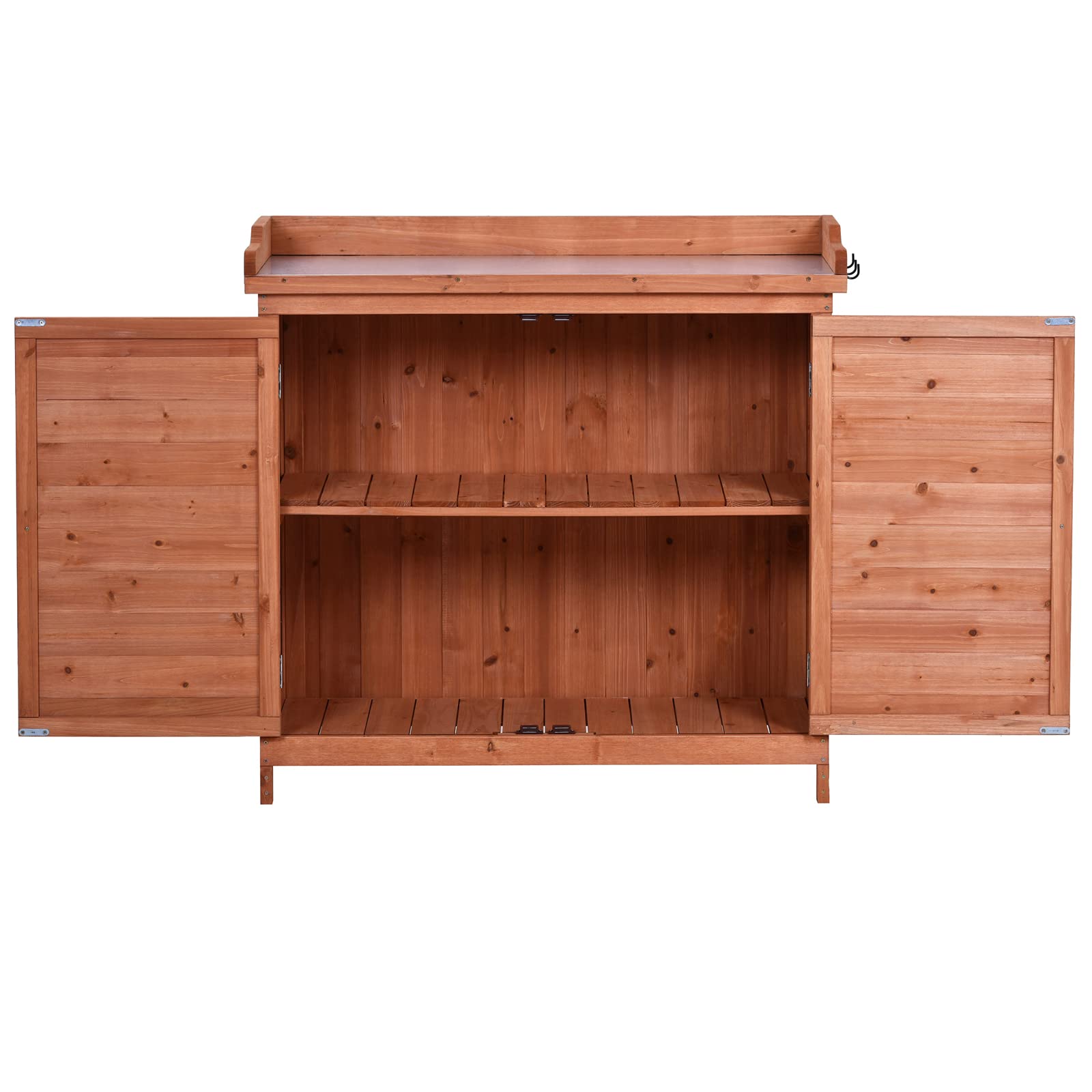 Waterproof Outdoor Wooden Storage Cabinet with Potting Bench - Rustic Garden Shed Organizer with Shelves & Hooks - Durable Fir Wood Construction (Orange) - Perfect for Backyard, Patio, and Gardening Tool Storage