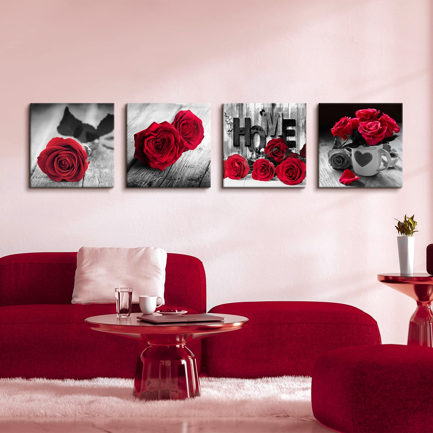 Red Rose Wall Art Set - 4 Pcs 20x20