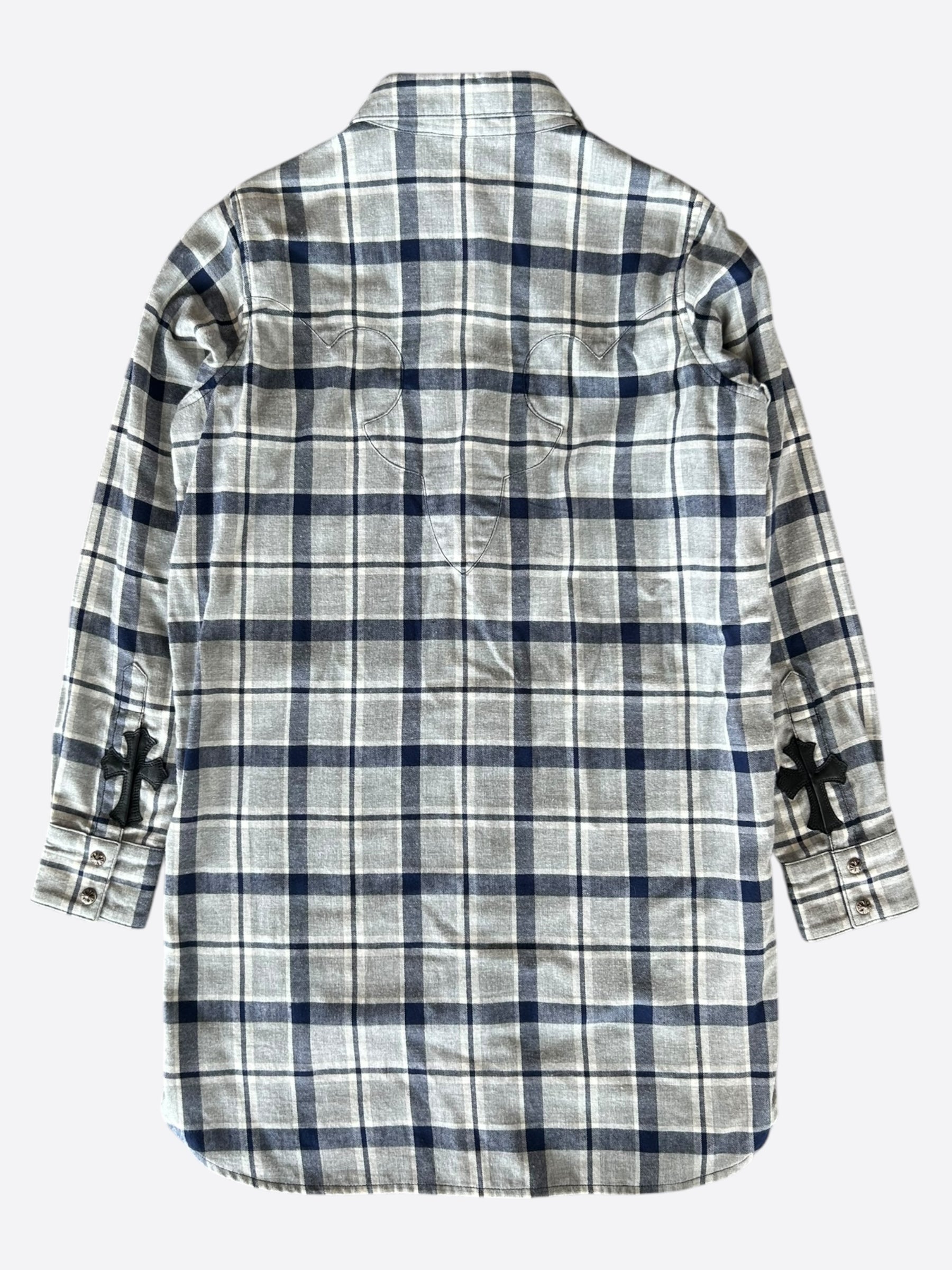 Chrome Hearts Grey & Blue Cross Patch Elongated Flannel Shirt - Stylish Gothic Streetwear for Men & Women | Perfect for Casual Outfits, Concerts and Fashion Statements