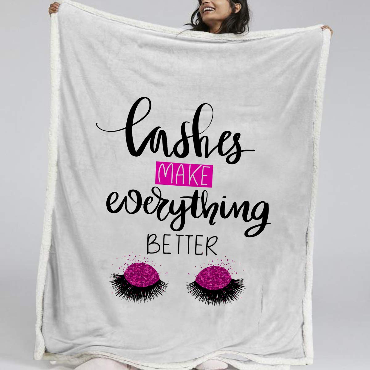 BlessLiving Beauty Eyelash Sherpa Blanket - Soft Fluffy Closed Eye Design Throw Blanket for Women, Fashion Girls Gift (50