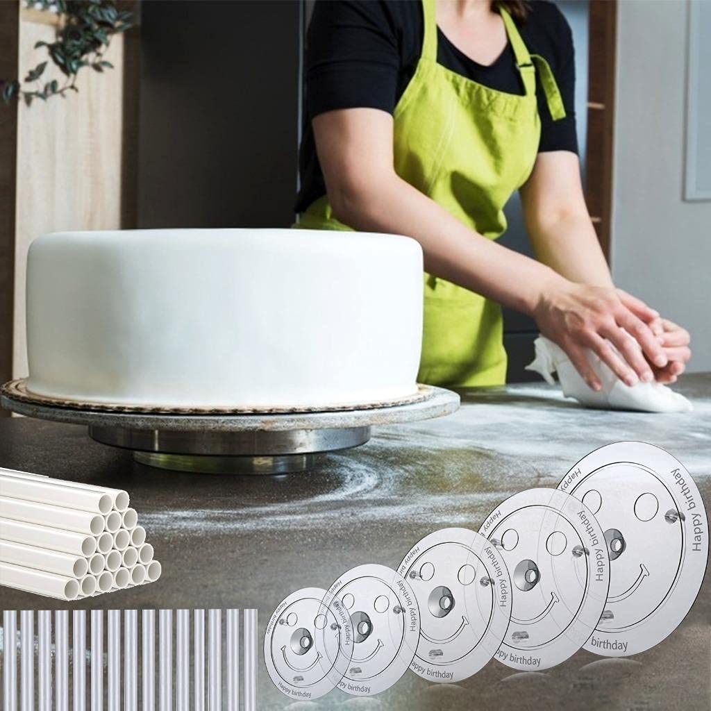 5 Tier Cake Separator Plates 35Pcs - Clear Cake Sticks, Support Dowel Rods & Stacking Pillars for 3-10 Inch Tiered Cakes - Sturdy Cake Stand Holder for Wedding, Birthday, Dessert Display & Party Decorations