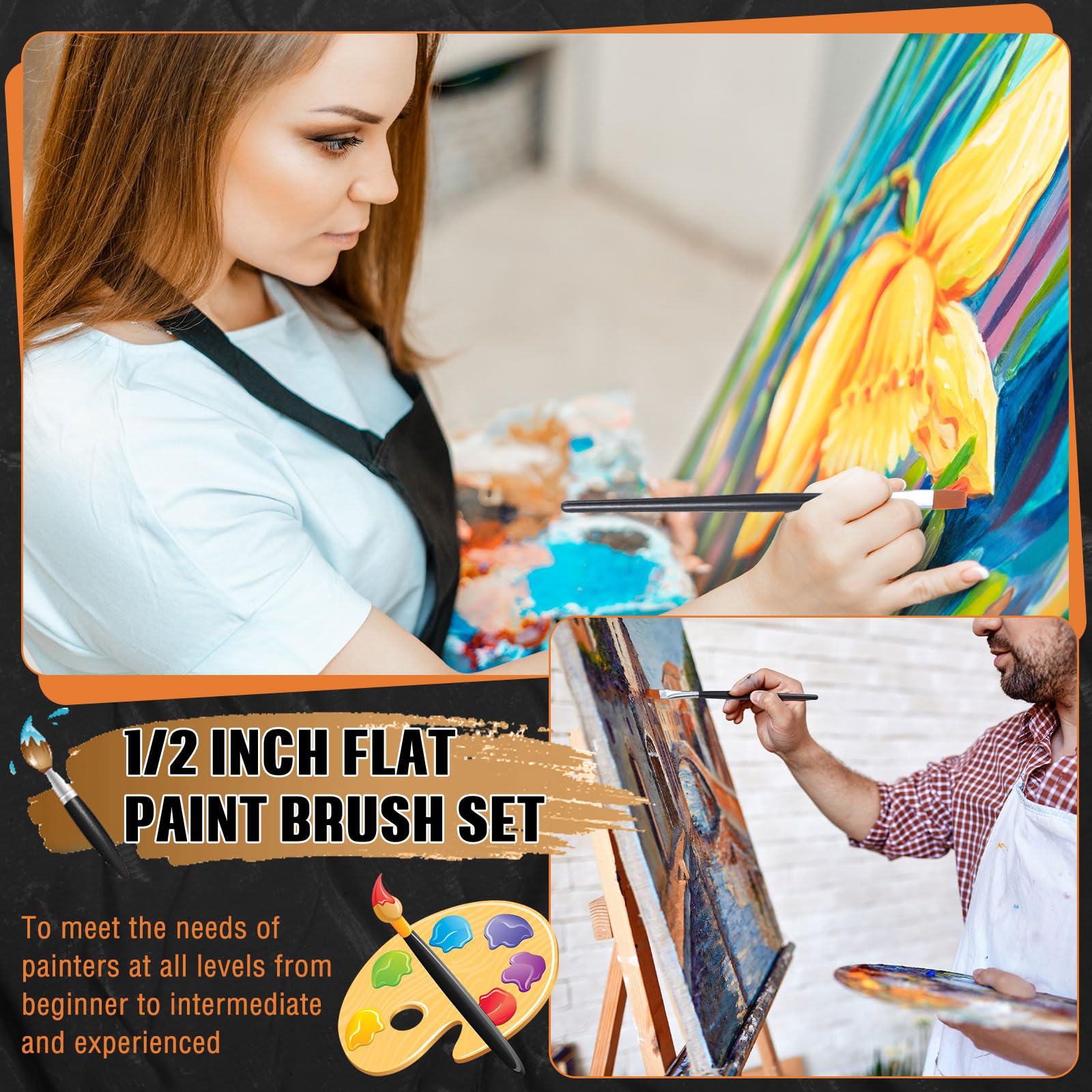 Zonon 20-Piece Flat Paint Brush Set - 1/2 Inch Acrylic, Oil & Watercolor Paint Brushes for Canvas, Face & Detail Painting - Bulk Artist Brushes for Adults & Professional Art Projects - Perfect for Studio, Classroom & DIY Crafts