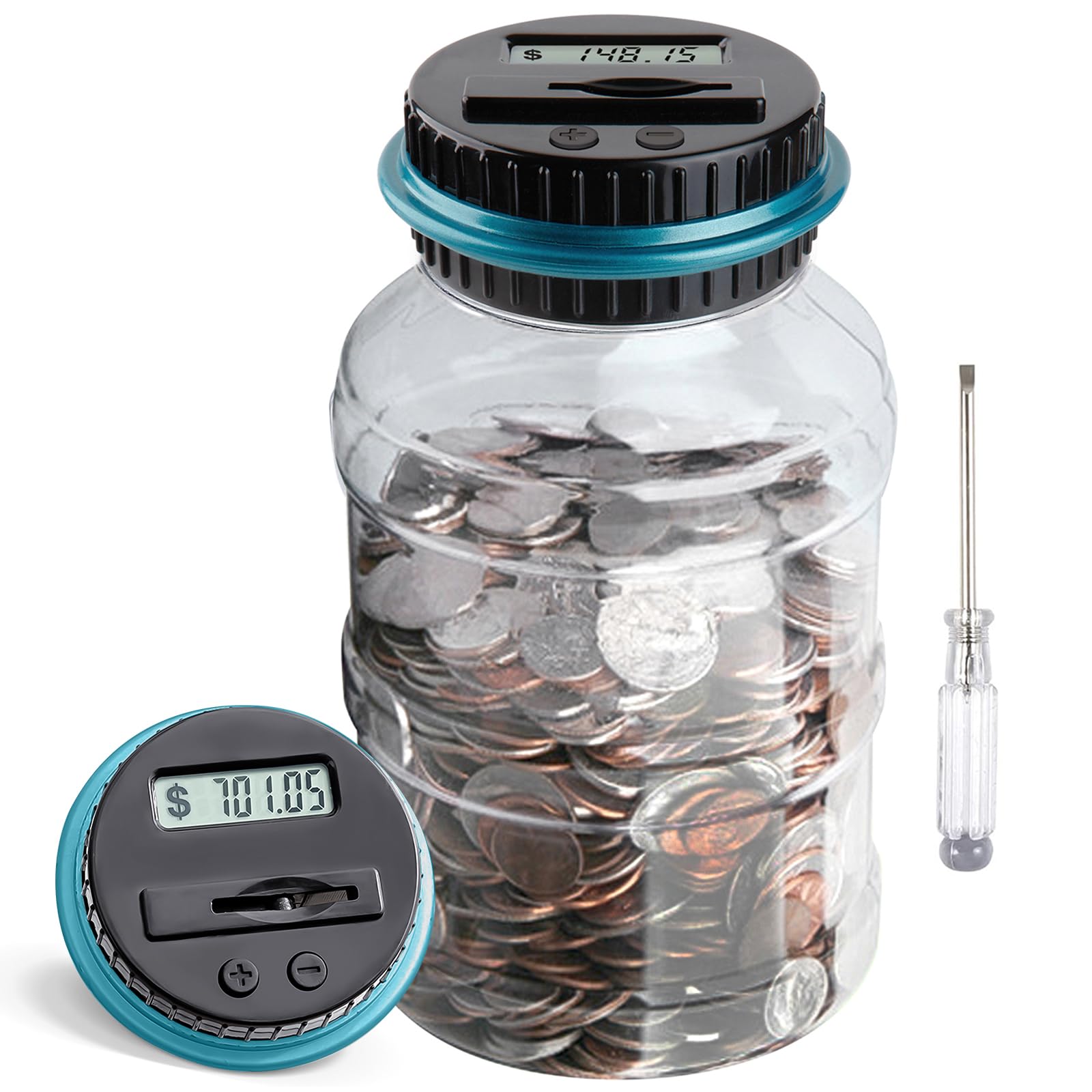 VCertcpl Digital Coin Counting Piggy Bank with LCD Counter - 1.8L Large Capacity Money Jar for Boys & Adults - Compatible with All US Coins (Blue) - Perfect for Saving, Budgeting, and Teaching Kids Financial Responsibility