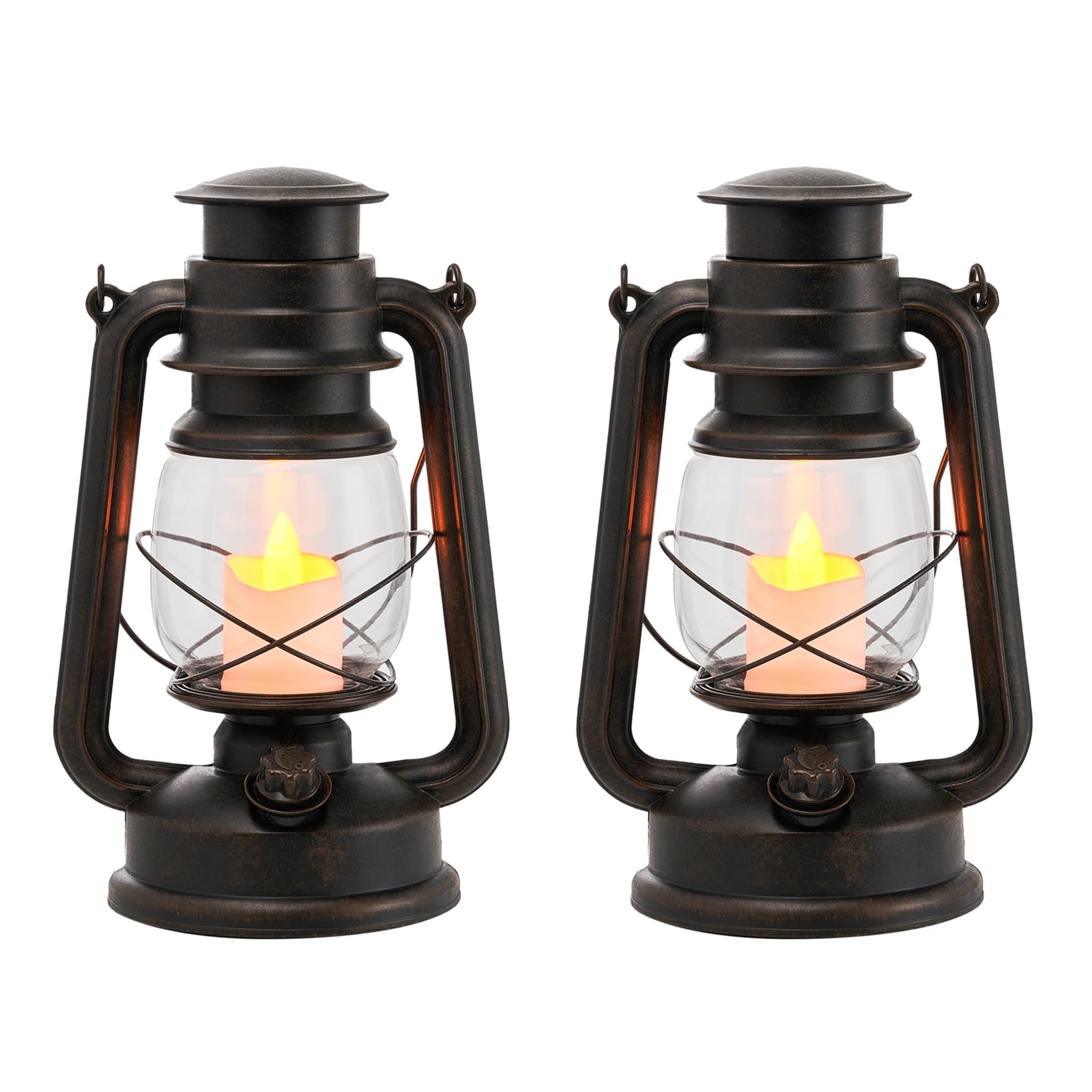 Vintage LED Lantern with Realistic Moving Flame Candle - Battery Operated Antique Hanging Light with 6/18H Timer - Set of 2 Bronze Outdoor/Indoor Decorative Lanterns for Patio, Garden, Camping & Home Decor