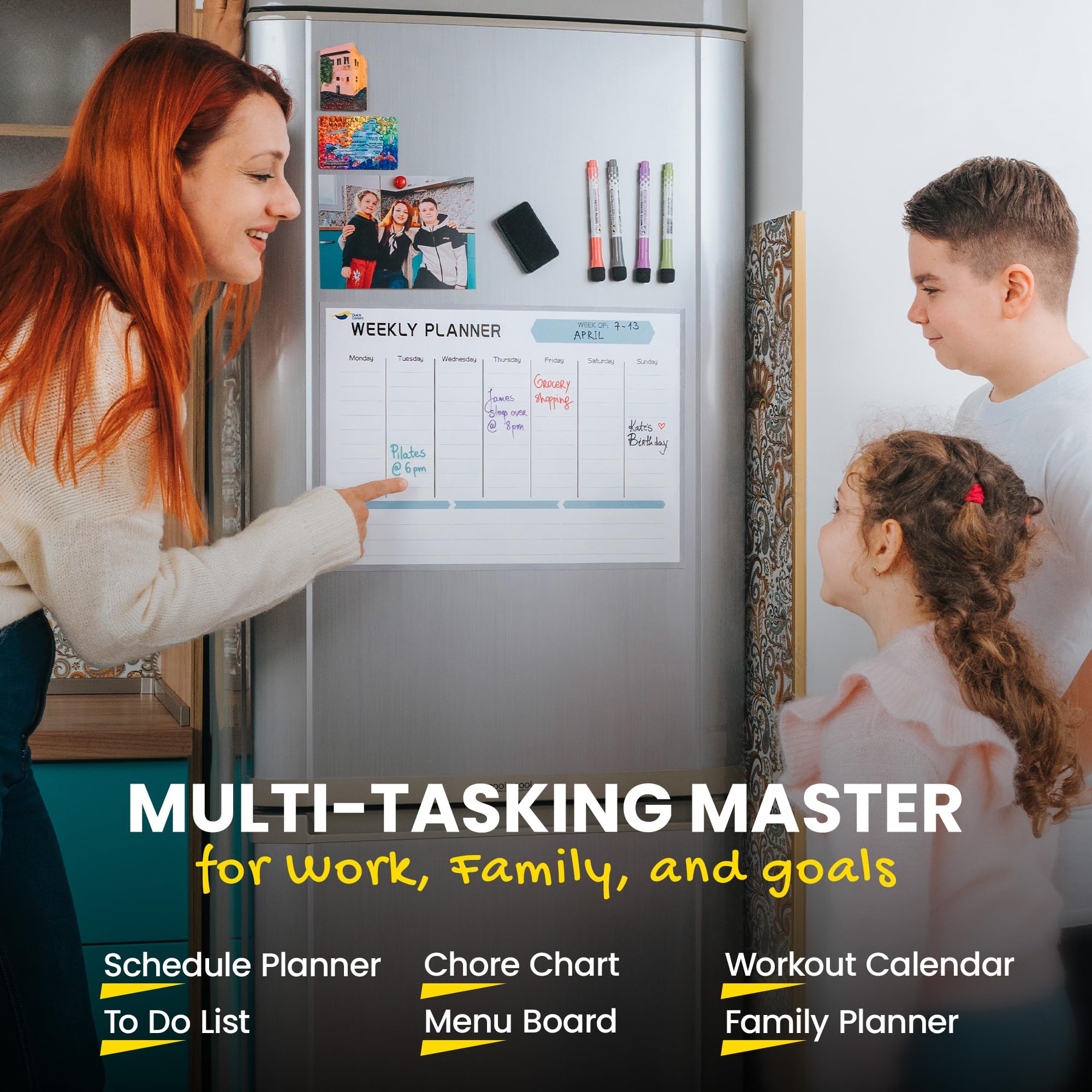 Quick Canary Magnetic Weekly Planner for Fridge - 17x12 Inch Dry Erase Board Calendar for 2025 Schedules, Meal Planning & Household Chores - Includes 4 Markers & Eraser - Perfect for Kitchen Organization & Family Scheduling