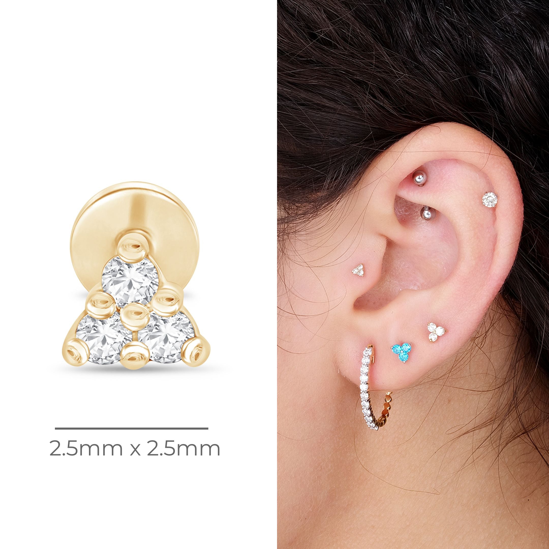 14k Yellow Gold Small Diamond Trinity Flat Back Earrings for Women - Elegant Everyday Jewelry for Work, Parties & Special Occasions