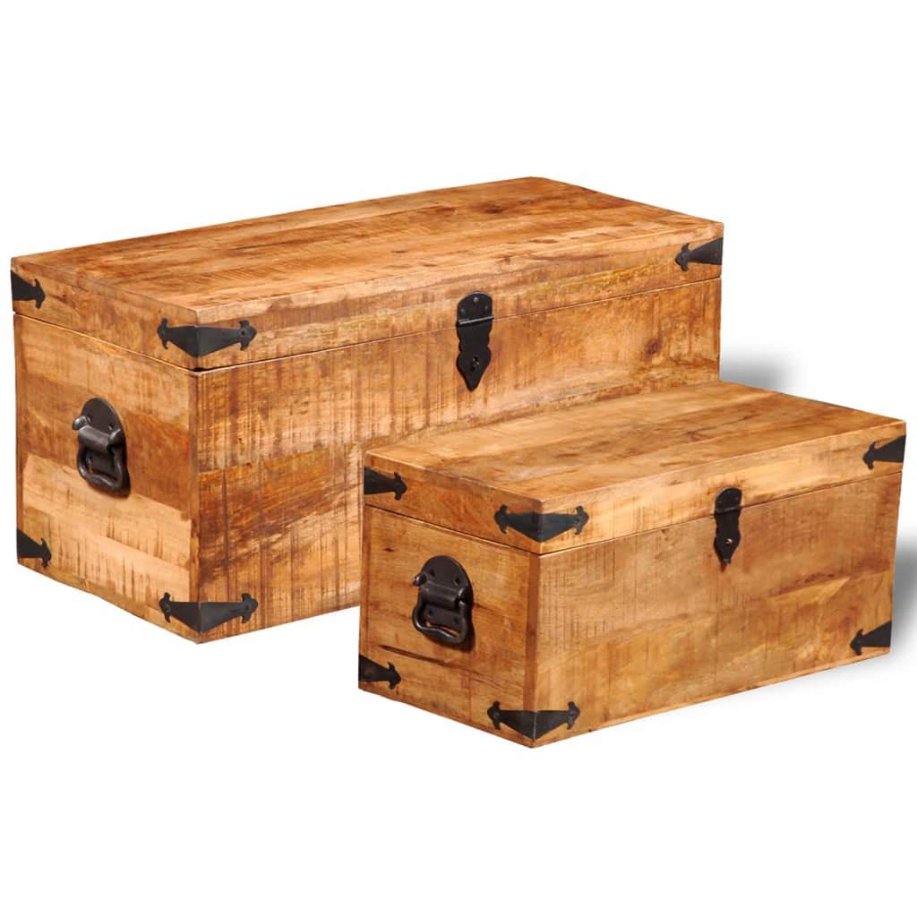 2-Piece Mango Wood Blanket & Toy Storage Chest Set - Rustic Home Decor Trunks for Nursery, Living Room, or Bedroom Organization
