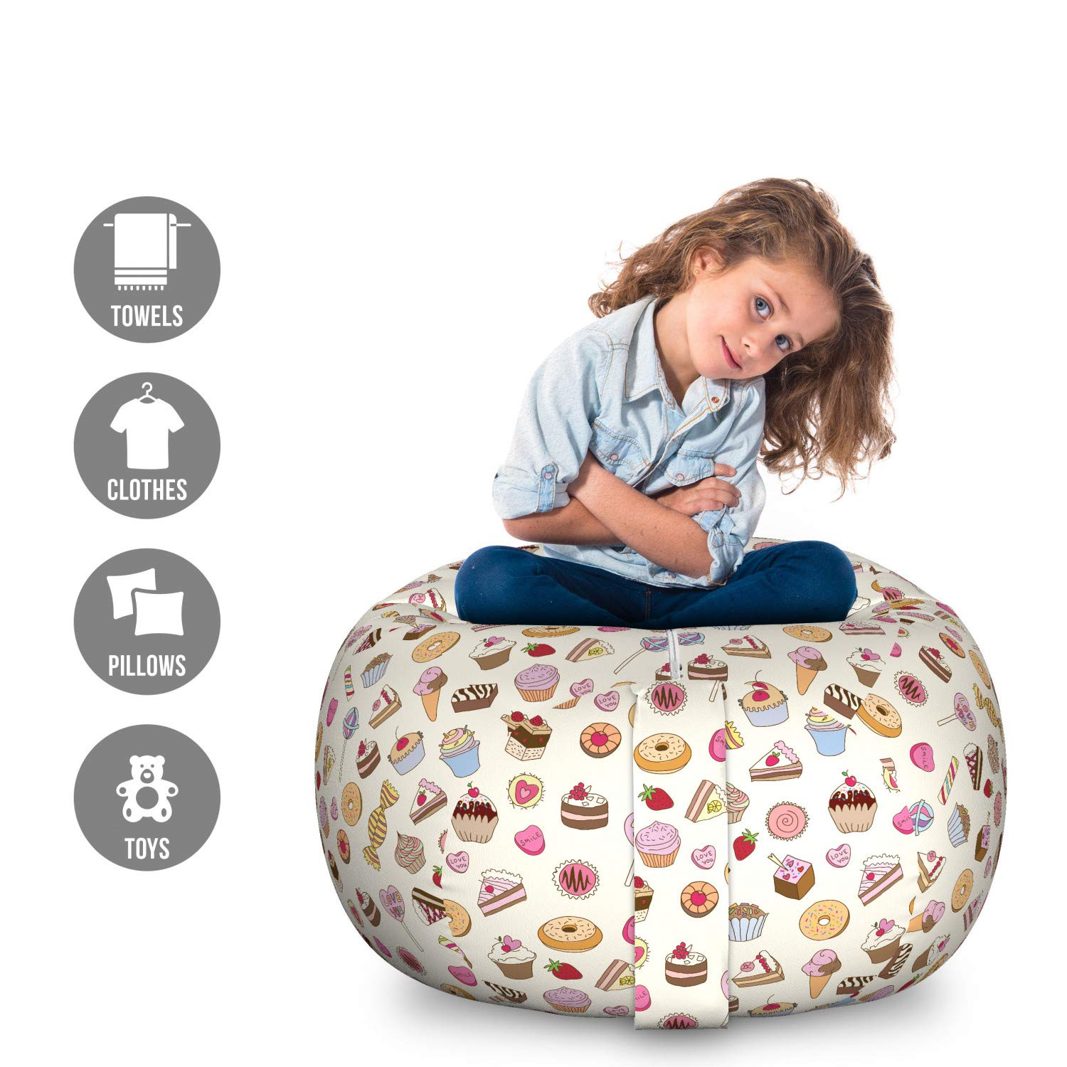 Ambesonne Dessert Toy Storage Bag Chair - Large Washable Organizer for Stuffed Animals & Kids' Room Decor