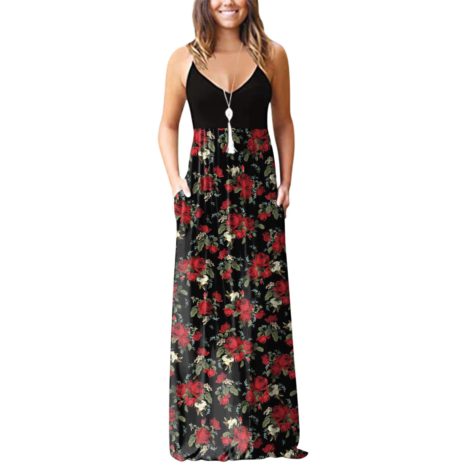 Kaideny Women's Summer Maxi Dress - V Neck Sleeveless Floral Print Long Dress with Pockets | Beach Wedding, Vacation, Party Wear
