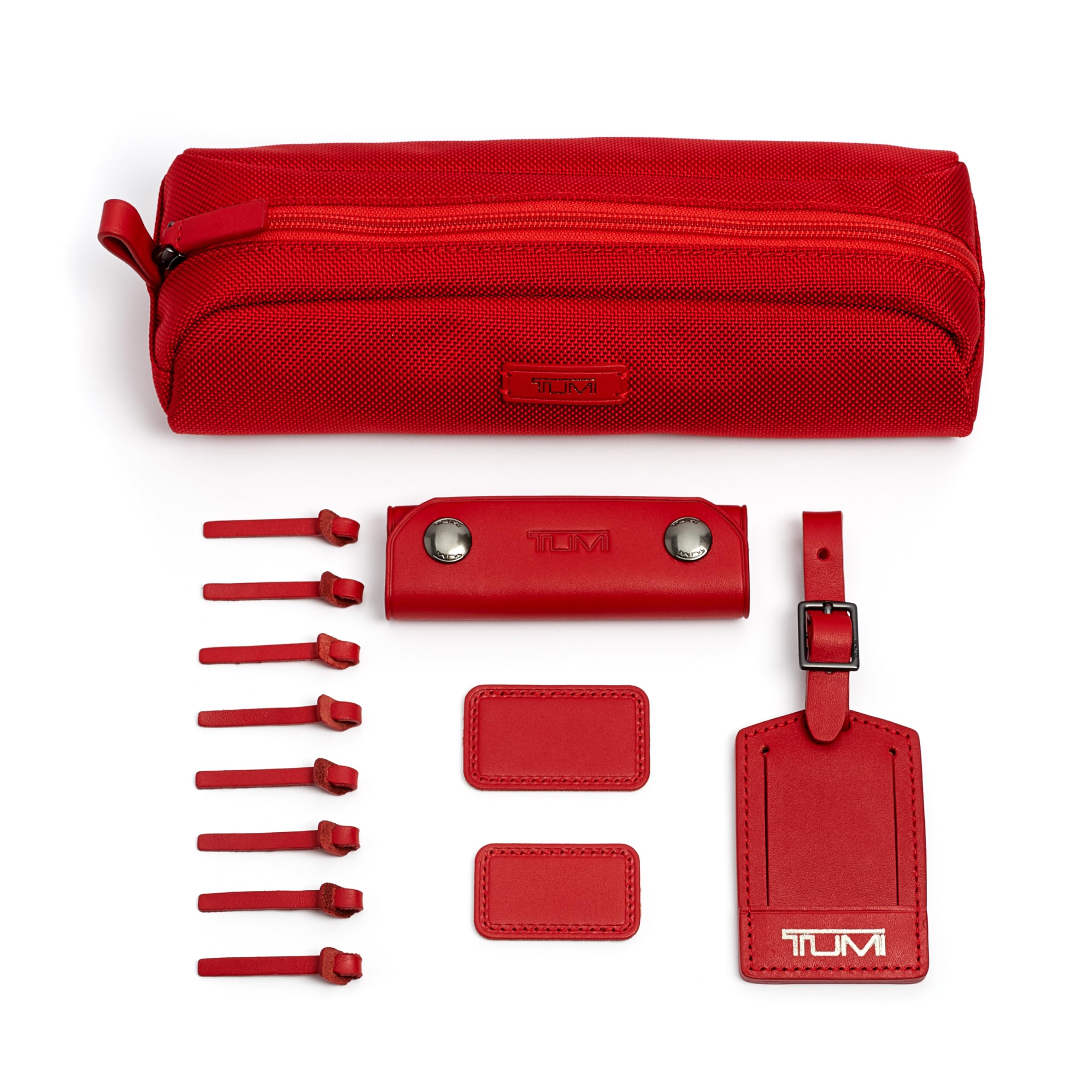 TUMI Leather Accents Kit for Luggage - 2 Monogram Patches, 1 Handle Wrap, 1 Luggage Tag & 8 Zipper Pulls - Cherry Red Travel Accessories Set - Perfect for Personalizing Suitcases, Backpacks & Travel Bags