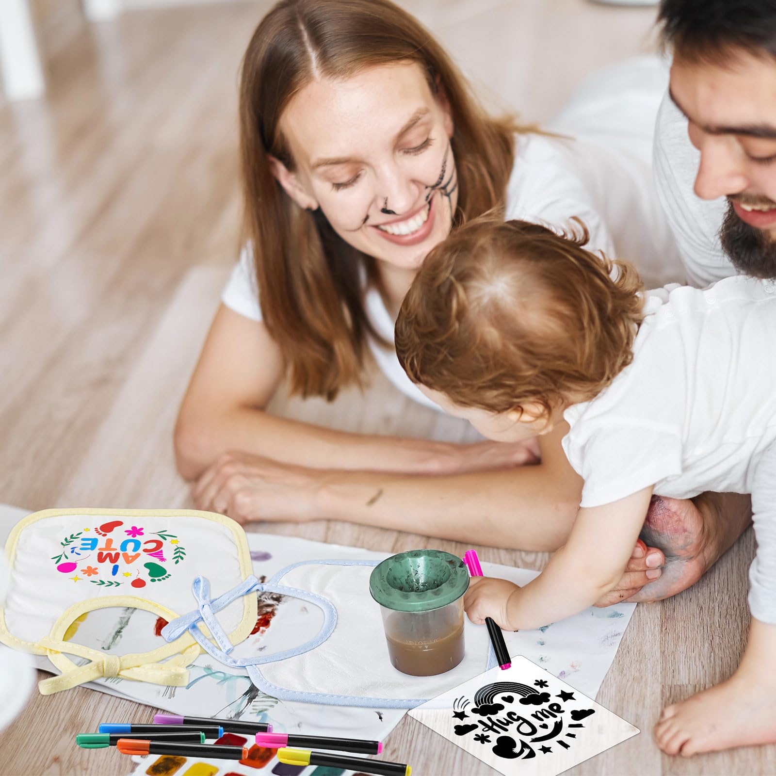Jutom 38-Piece DIY Baby Bib Decorating Kit - 14 Bibs, 14 Stencils & 10 Fabric Markers with 2-Ply Feeder Bibs - Perfect for Baby Shower Games, Newborn Gifts & Creative Crafting