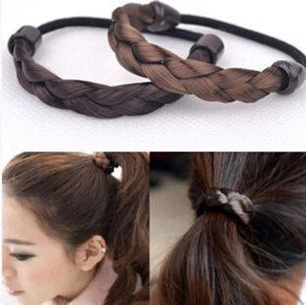 5PCS Korean Style Rope Wig Hair Bands - Braided Elastic Hair Ties with Flower Decorations for Women (Brown) - Perfect for Daily Wear, Parties, and Special Occasions