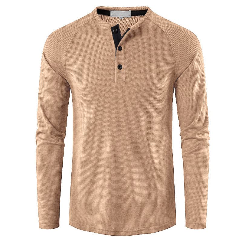 Kinkia Men's Waffle Knit Long Sleeve Henley Shirt - Solid Color Regular Fit Lightweight Casual T-Shirt for Everyday Wear & Outdoor Activities