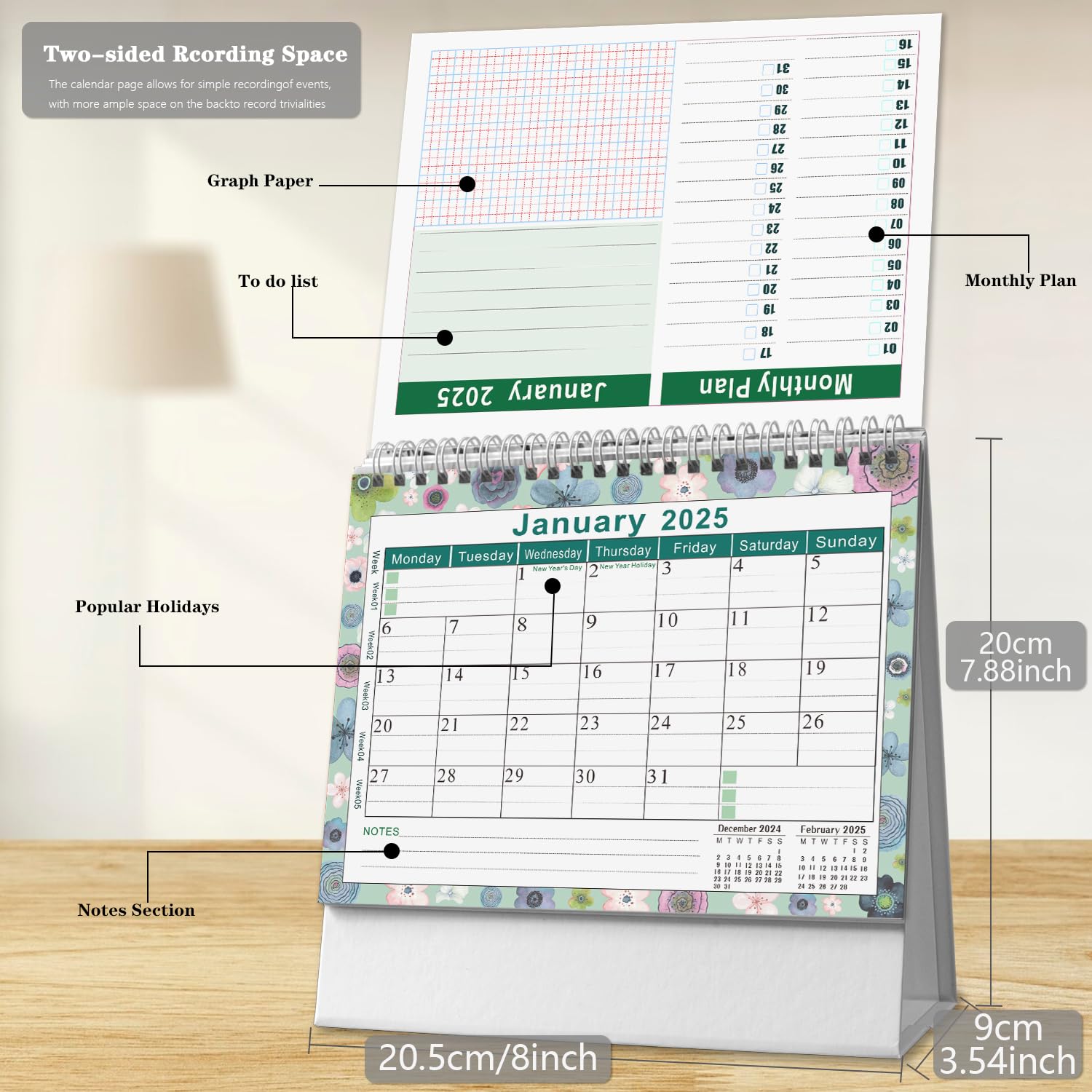AEYAKA 2024-2025 16-Month Standing Desk Calendar | September 2024 to December 2025 | 20cm x 20.5cm Flip Desktop Planner | Perfect for Office, Home & School Organization (Model C08)