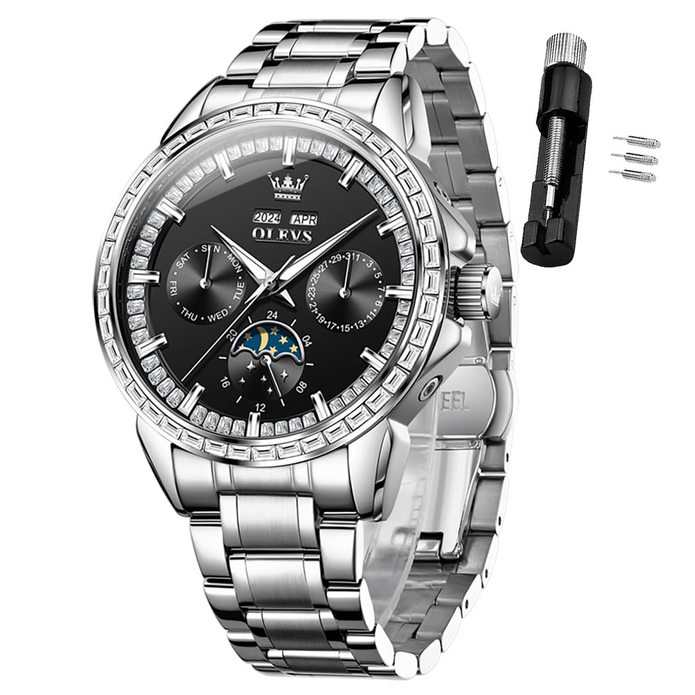 OLEVS Luxury Men's Automatic Self-Winding Watch - Diamond Accent Stainless Steel Multi-Function Calendar Watch with Waterproof & Luminous Features | Perfect for Business, Formal Events & Everyday Wear