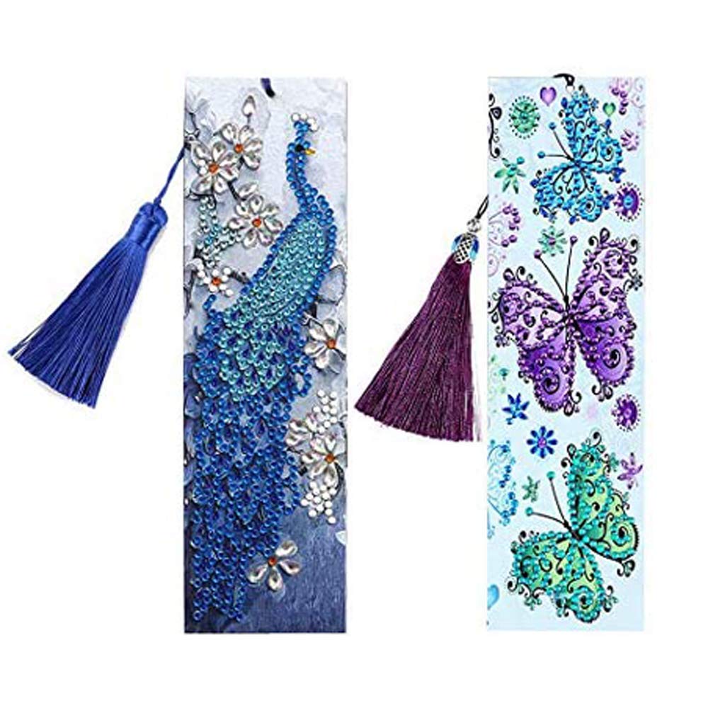 5D Diamond Painting Bookmarks Kit - DIY Rhinestone Mosaic Leather Tassel Bookmark Set for Adults, Creative Arts & Crafts Gift (Butterfly & Peacock Design) | Perfect for Reading Enthusiasts, Book Lovers & Handmade Craft Projects
