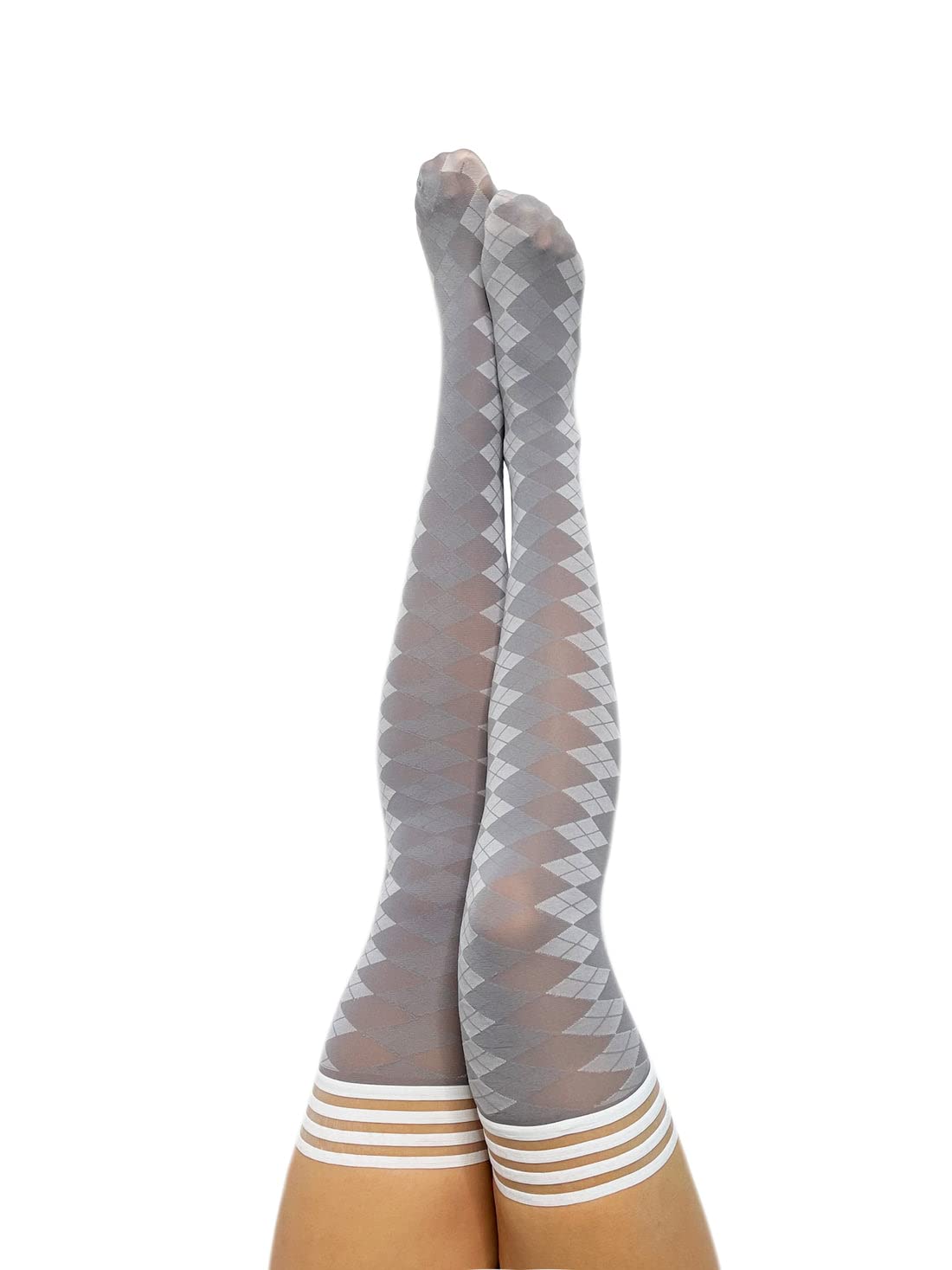 Kix'ies Thigh High Stockings for Women - No Slip Grip Stay Up Thigh Bands, Sexy Lingerie & Hosiery (Grey Argyle | 1346D) | Perfect for Date Nights, Office Wear & Special Occasions