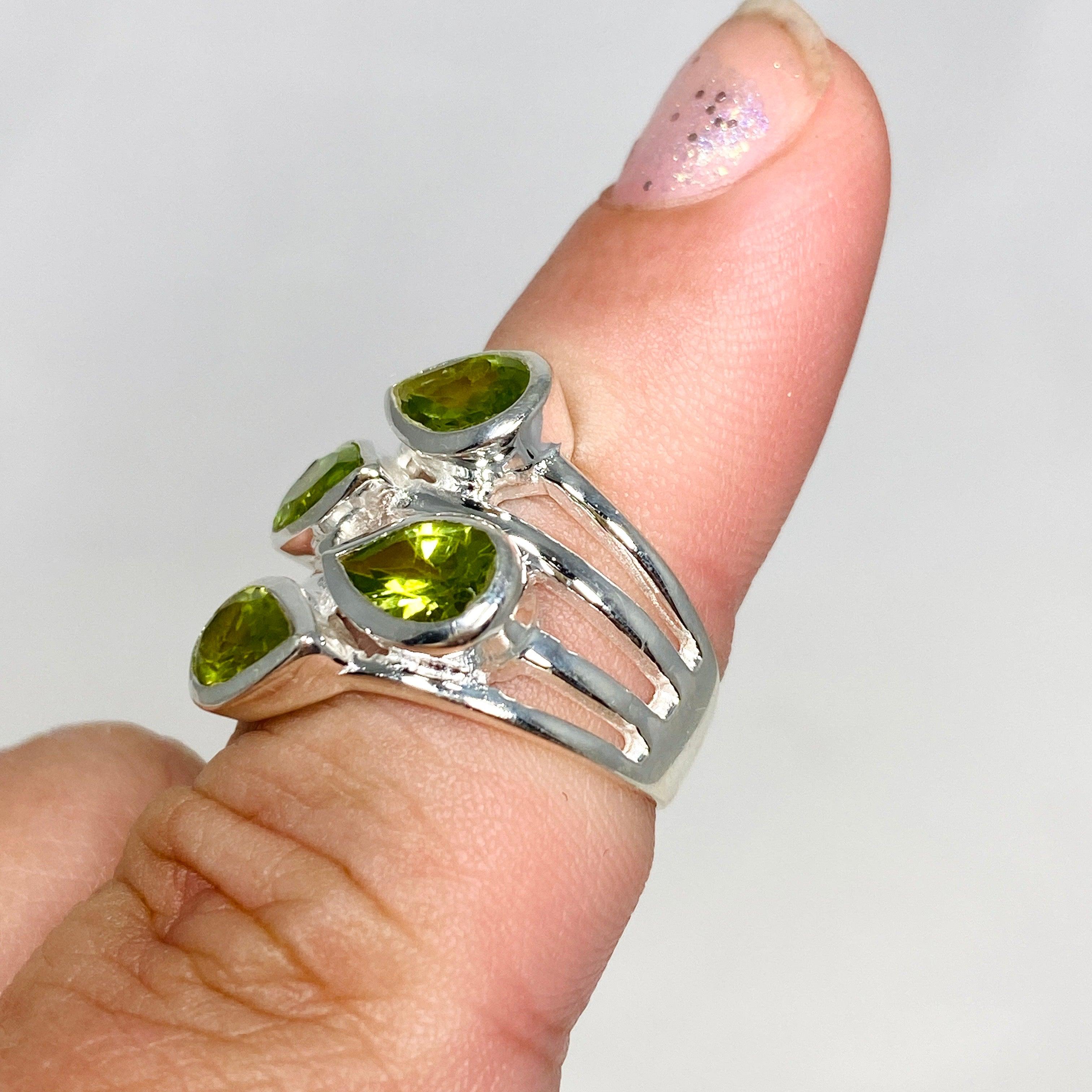 Peridot Multi-Stone Faceted Teardrop Ring R3815 - Elegant Green Gemstone Jewelry for Women, Perfect for Weddings, Parties & Special Occasions