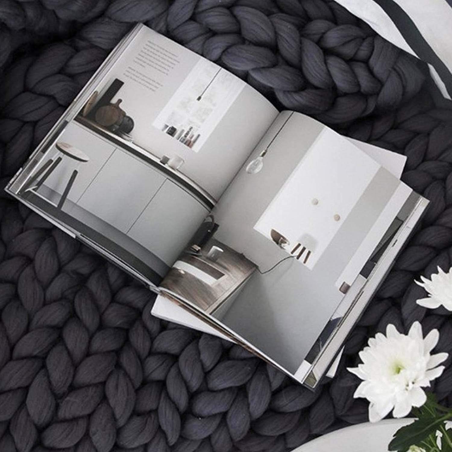 Chunky Knit Blanket - Handmade Bulky Yarn Throw for Bed, Sofa & Pet Bed - 80x80 Inch (200x200cm) Dark Grey Boho Home Decor - Perfect for Cozy Nights, Yoga & Living Room Accent
