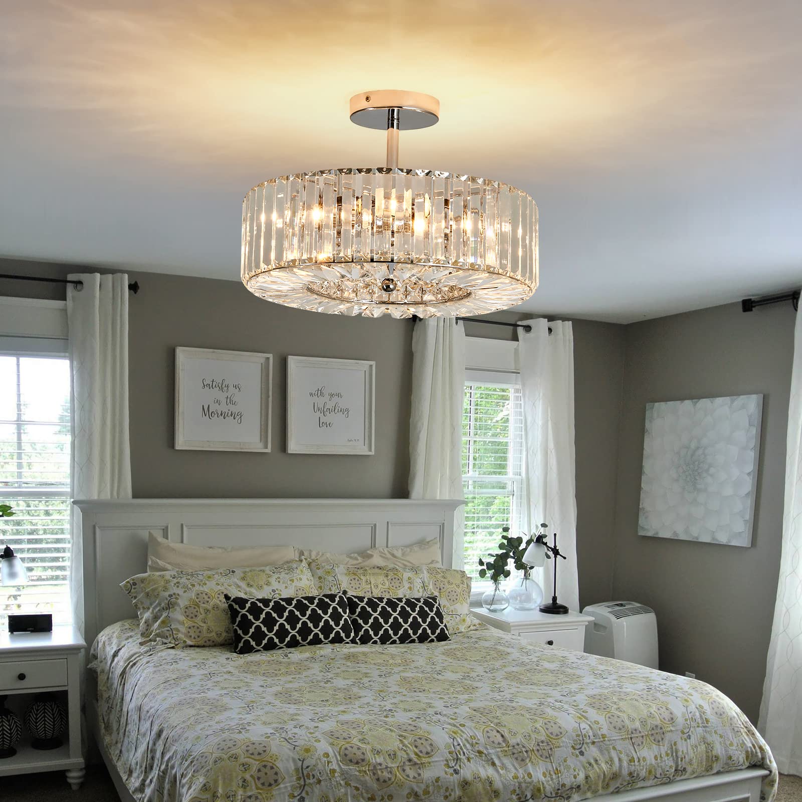 4-Light Modern Crystal Chandelier - Round Semi-Flush Mount Ceiling Light Fixture in Chrome Finish - Farmhouse Style Lighting for Dining Room, Living Room, Bedroom, Hallway, Entryway & Kitchen - Perfect for Home Decor, Wedding Venues and Restaurant Ambiance