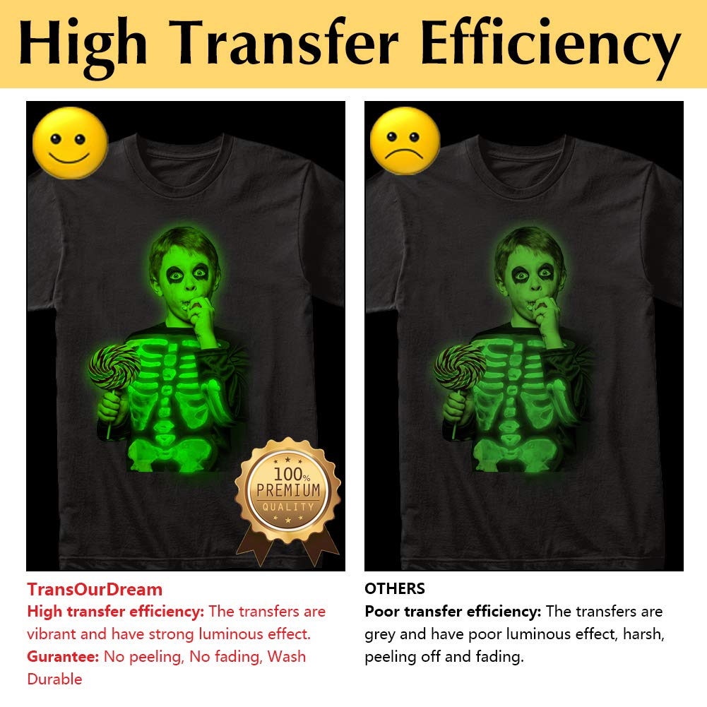 Glow in the Dark Heat Transfer Paper for Dark T-Shirts - 10 Sheets (8.5x11'') - Printable Iron On Transfers for Inkjet Printers - Perfect for DIY Custom T-Shirts, Hoodies & Nighttime Party Apparel
