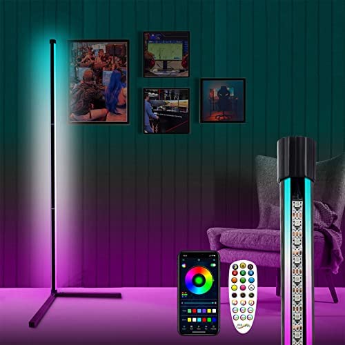 RGB Corner Floor Lamp with Remote & Bluetooth App - Dimmable LED Strip Lights with Music Sync, Timer, Double-Sided Lighting for Living Room, Bedroom, Gaming Room - Perfect for Ambient Lighting, Home Theater Setup & Gaming Atmosphere