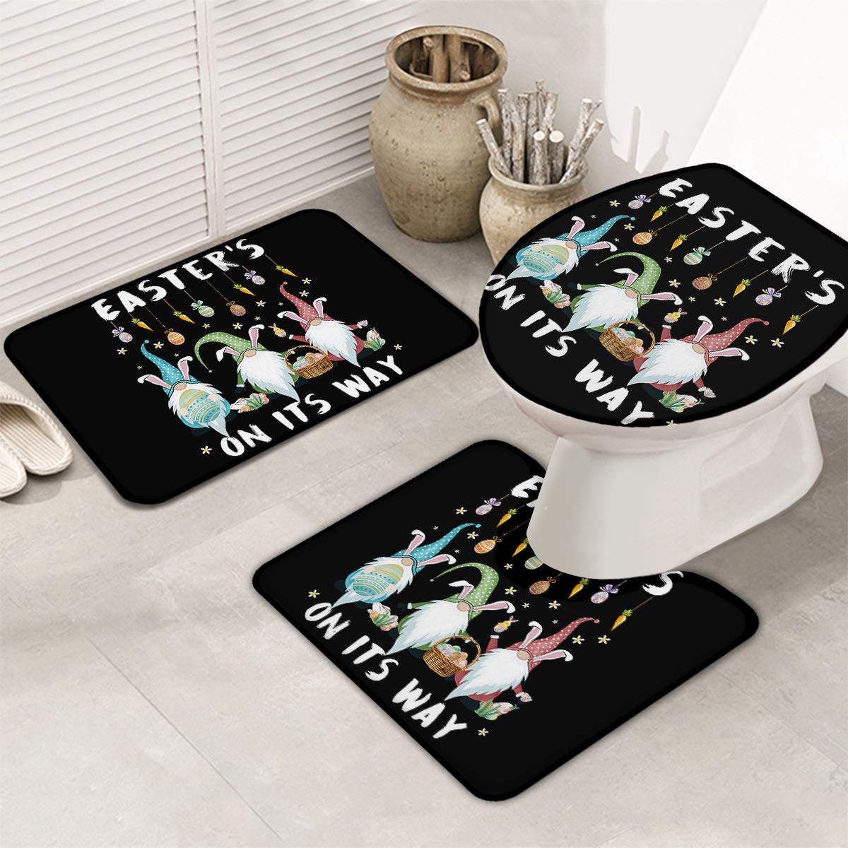 Easter Gnome Bunny Non-Slip Bathroom Rug Set - 3 Piece Absorbent & Washable Bath Mats with U-Shaped Toilet Mat & Lid Cover (Egg Carrot Design) - Perfect for Spring Decor, Bathroom Safety & Home Comfort