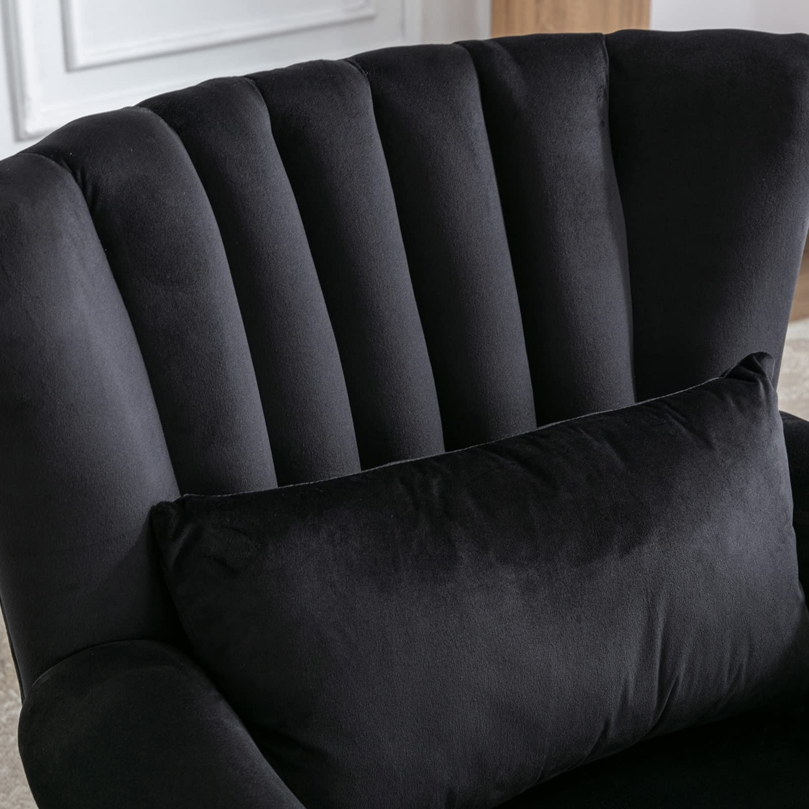 Mid Century Modern Accent Reading Arm Chair - Tufted Wingback Club Chair with Velvet Upholstery for Living Room, Bedroom & Reception Areas - Comfy Corner Sofa Chair for Relaxing, Reading & Waiting Rooms - Black