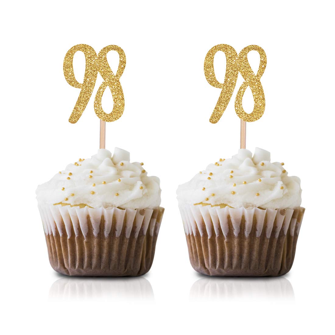 24-Pack Gold Happy 98th Birthday Cupcake Toppers with Glitter Numbers - 98th Birthday Party Decorations for Grandparents, Anniversary Celebrations & Milestone Birthday Cakes