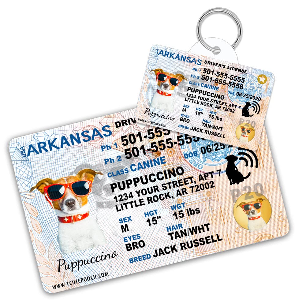 Custom Arkansas Driver License Dog Tag & Wallet Card - Personalized Pet ID Tags for Dogs & Cats - Engraved Pet Name & Contact Info - Perfect for Travel, Walks & Emergency Identification