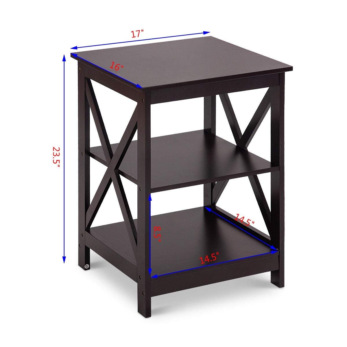 3 Tier Nightstand End Table with Storage - Modern Espresso Wood Bedside Table for Living Room, Bedroom - Perfect for Organizing Books, Lamps & Decor