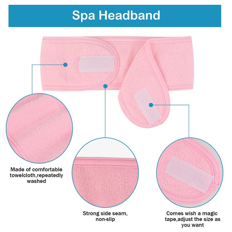 3 Pack Adjustable Terry Cloth Spa Headbands for Women - Soft Stretchable Bath & Shower Head Wrap with Magic Tape - Perfect for Skincare, Makeup, Hair Washing & Sports Activities