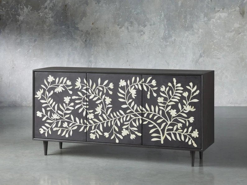 Handmade Black Bone Inlay Flower Design Media Console TV Stand - Elegant Home Entertainment Furniture for Living Room & Bedroom
