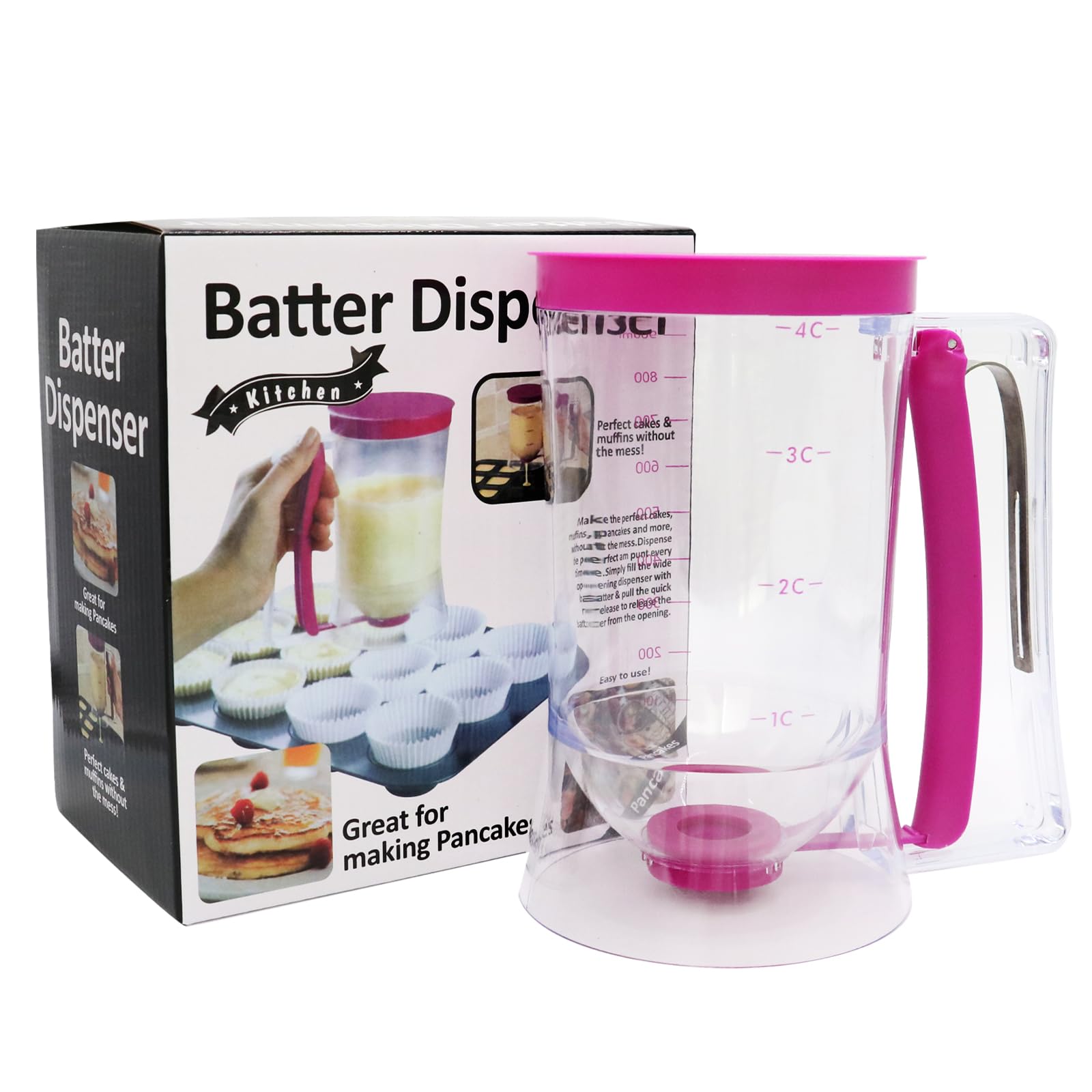 Premium Pancake Batter Dispenser with Measuring Marks - Kitchen Baking Tool for Perfect Pancakes, Waffles, Crepes & Muffins - Ideal for Breakfast, Brunch & Dessert Making