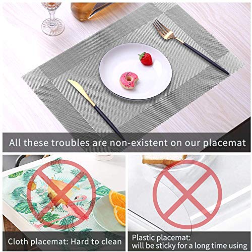 Premium Heat-Resistant Woven Vinyl Placemats Set of 4 - Non-Slip Washable PVC Table Mats for Dining Table, Easy to Clean & Durable (Silver Grey) - Perfect for Everyday Meals, Dinner Parties & Home Decor