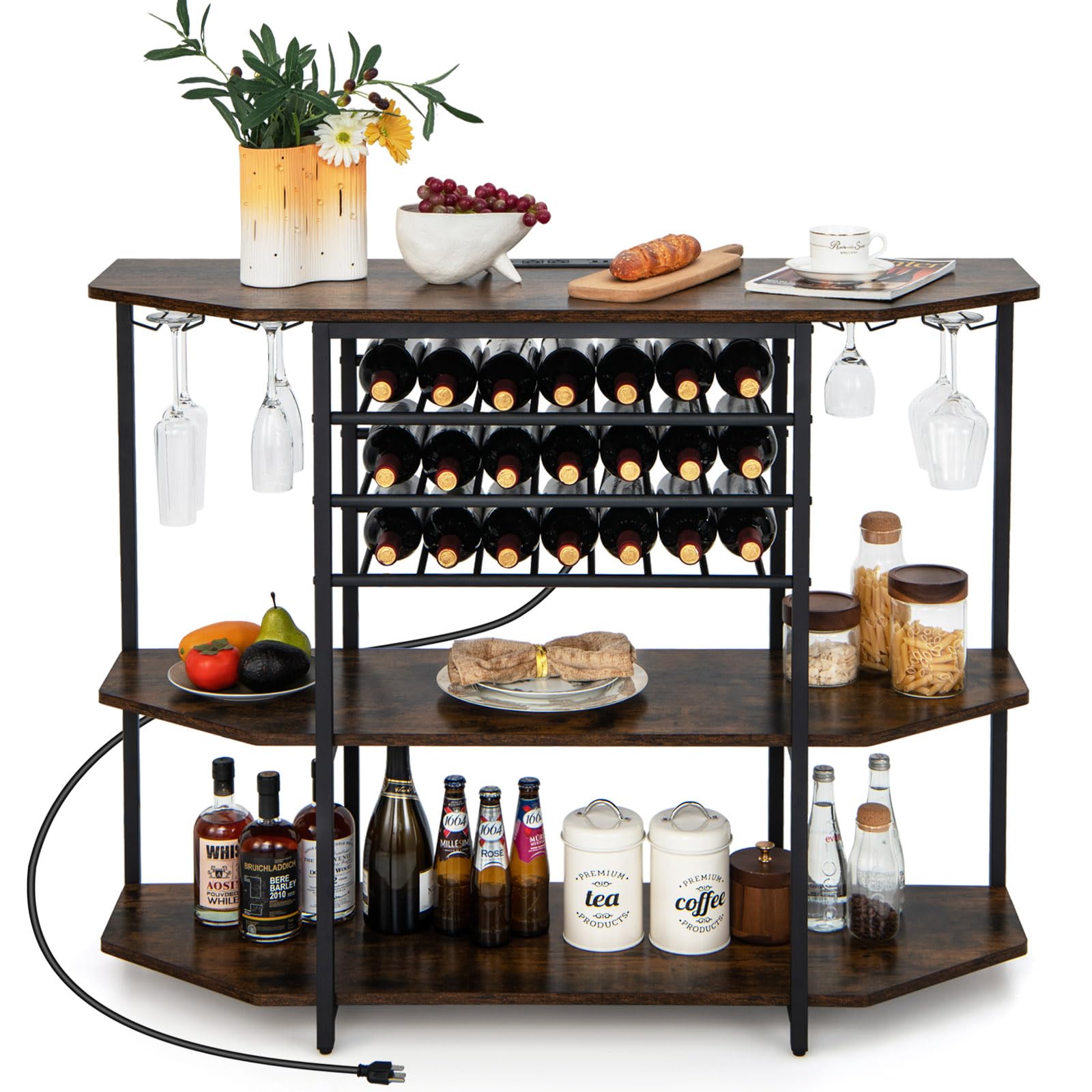 COSTWAY 3-Tier Wine Bar Cabinet with Power Outlets - Rustic Brown Liquor Storage with Wine Bottle Racks & Glass Holders, Freestanding Mini Bar Table for Kitchen, Dining Room, Home Pub or Office - Perfect for Entertaining Guests & Displaying Your Wine Collection