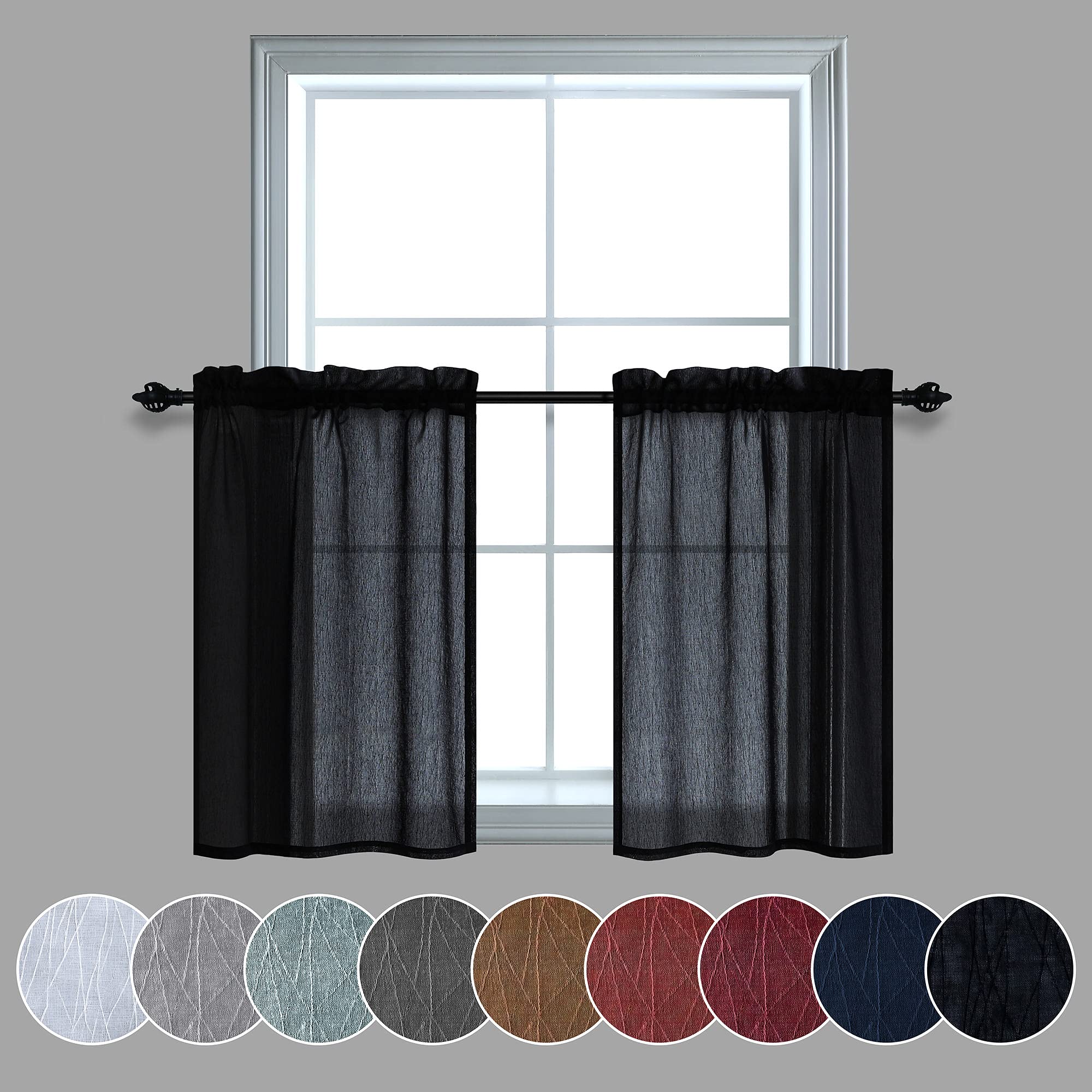 24 Inch Length Black Faux Linen Cafe Curtains - 2 Pack Wave Blend Short Valance Panels (30