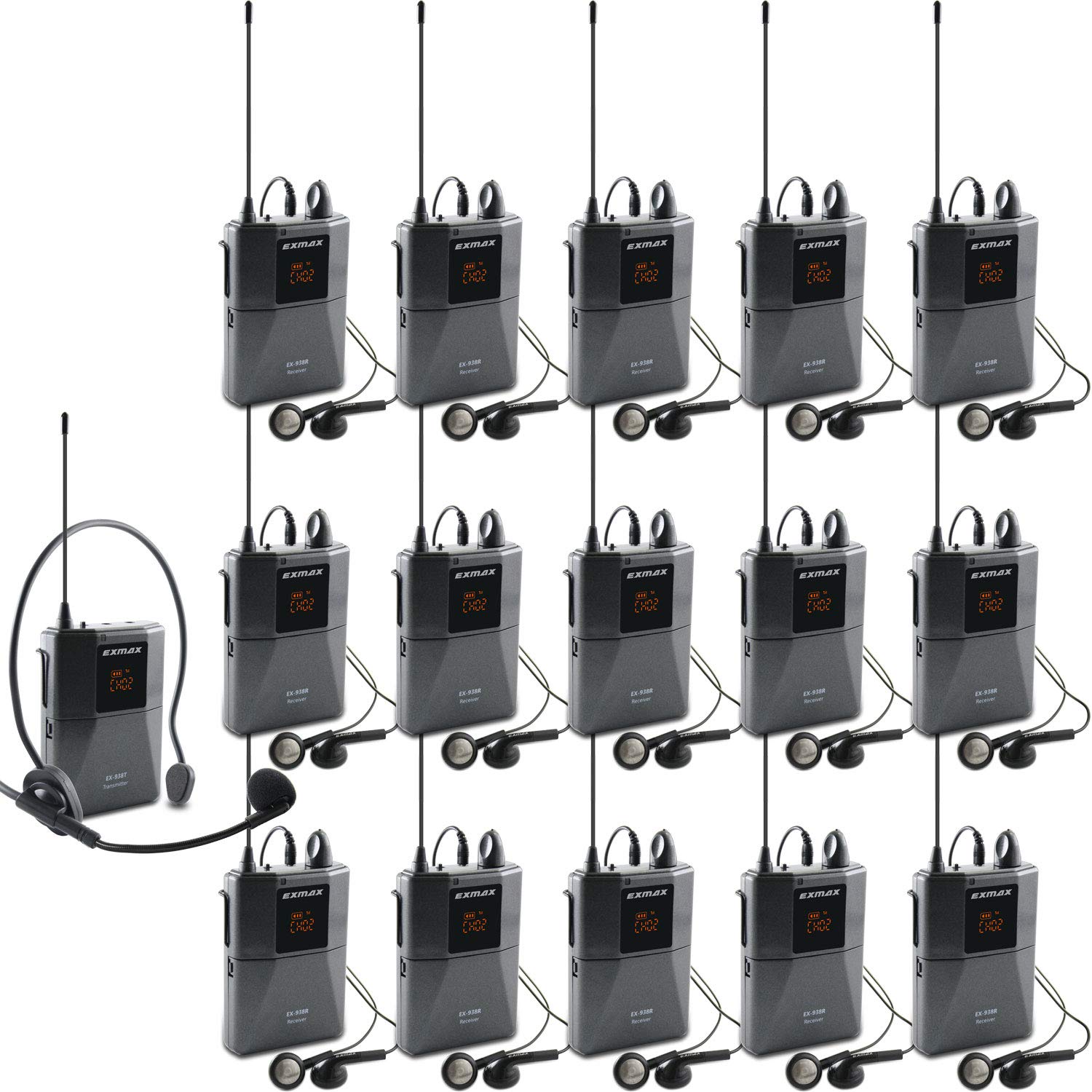 EXMAX UHF-938 Professional Wireless Headset Microphone System - 1 Transmitter & 15 Receivers for Clear Acoustic Voice Transmission | Perfect for Church Translation, Teaching, Travel Guides & Simultaneous Interpretation | Ideal for Large Group Communication & Events