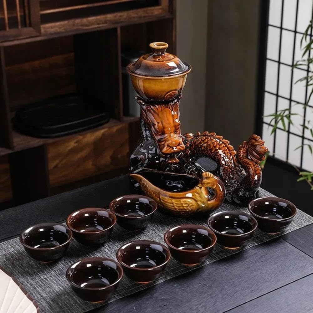 Premium Ceramic Teapot with Removable Stainless Steel Infuser - 40oz Semi-Automatic Magic Tea Maker Set with 8 Matching Cups (Gradient Yellow Dragon Design) - Perfect for Home, Office, Tea Parties & Gifts