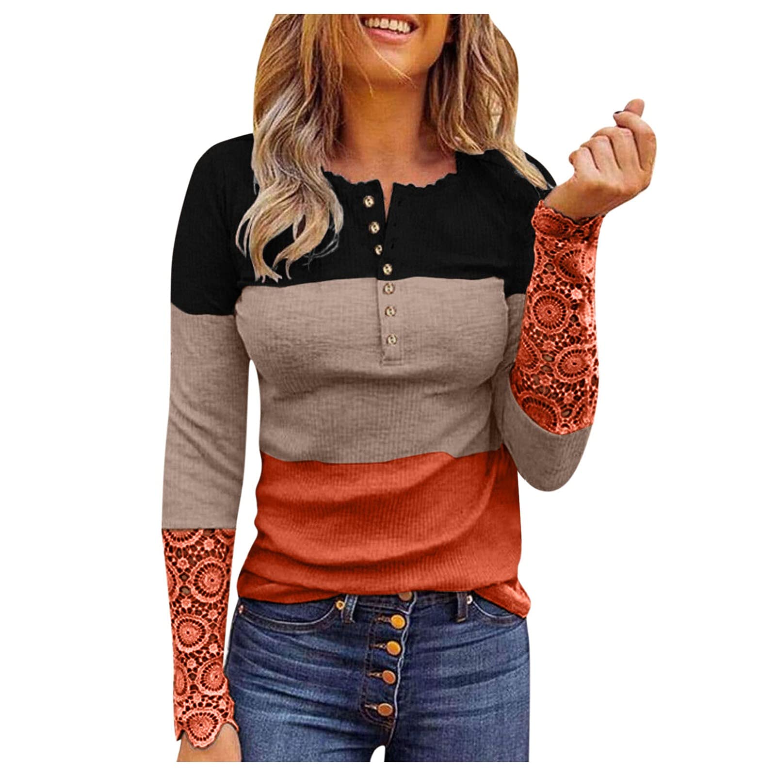 Women's Color Block Waffle Knit Long Sleeve Shirt - Vintage Henley Button Down Top for Casual & Dressy Outfits | Perfect for Work, Date Night & Fall Layering
