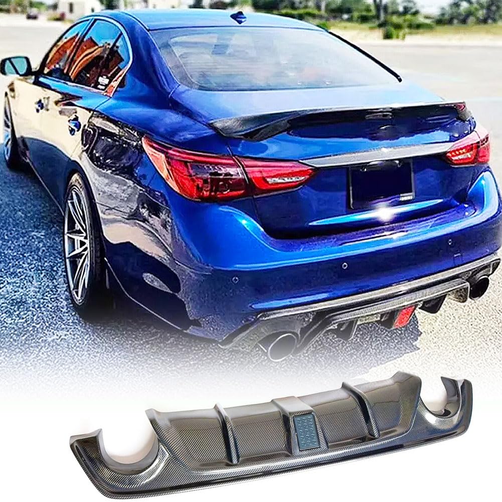 Carbon Fiber Rear Diffuser for Infiniti Q50 Q50S Base & Sport Sedan 2018-2021 - Lower Bumper Lip Spoiler Body Kit with Black Brake Light - Custom Fit for Enhanced Aerodynamics & Sporty Styling - Perfect for Car Enthusiasts & Performance Upgrades