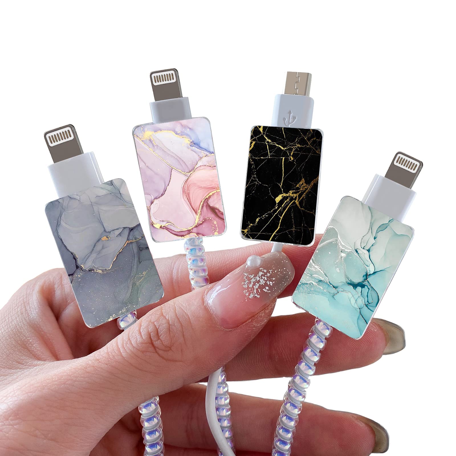 Cute Colorful Marble Print iPhone & Type-C Charger Cable Protector Set - 4pcs Kawaii USB Cord Protectors for Women & Girls - Prevent Biting & Damage - Perfect for Home, Office & Travel Use