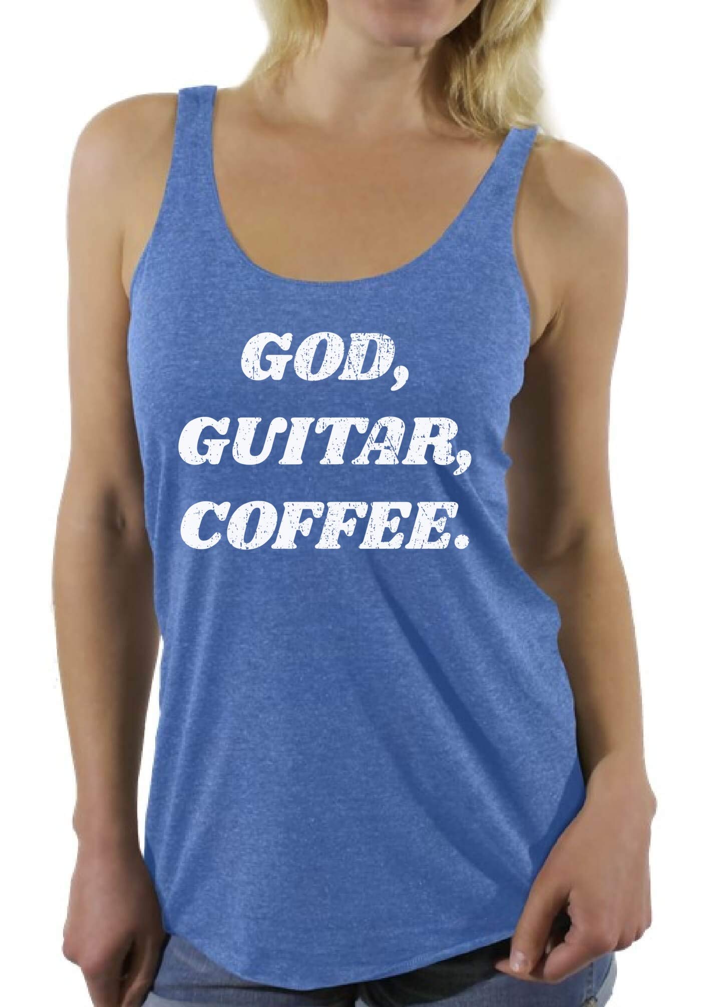 God Guitar Coffee Racerback Tank Tops for Women - Vintage Music Lover Graphic Tees - Perfect for Concerts, Coffee Dates & Casual Outfits
