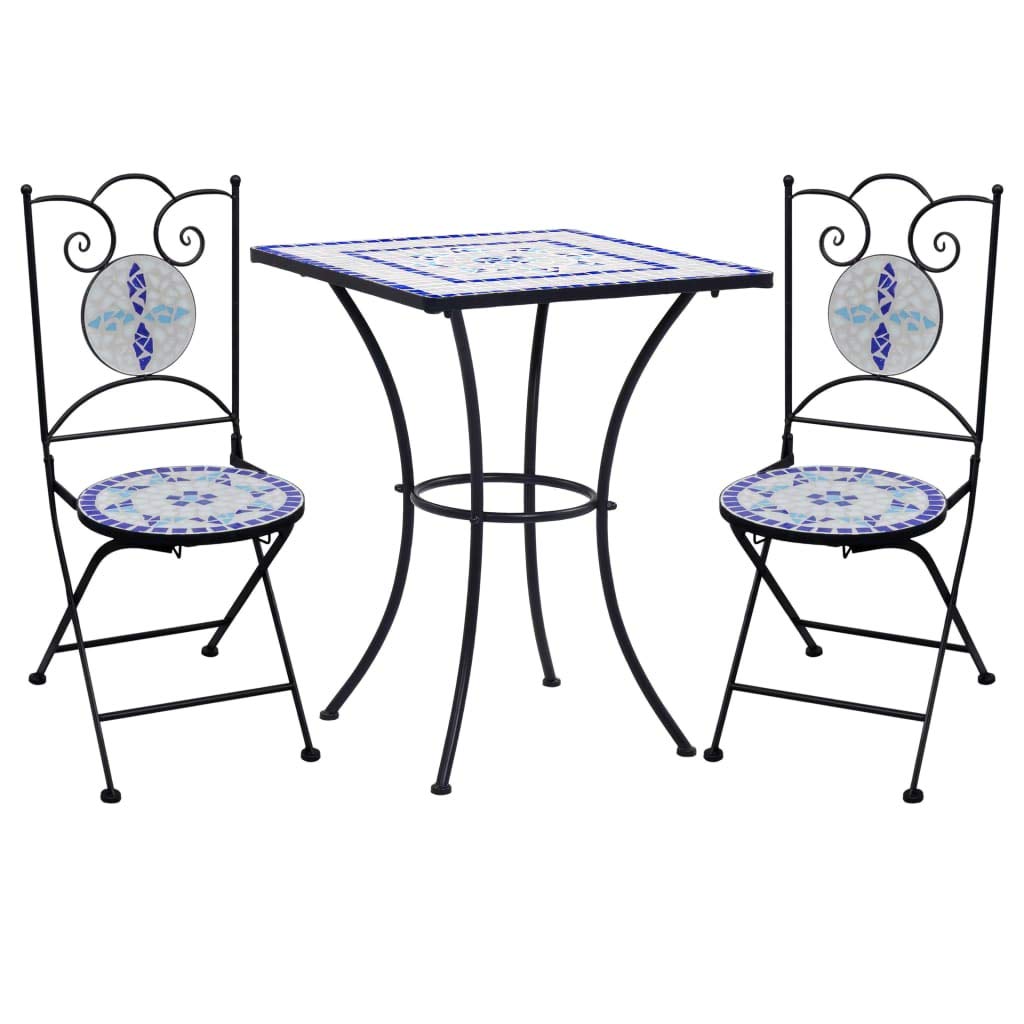 vidaXL 3-Piece Blue and White Mosaic Bistro Set - Ceramic Tile Top Cast Aluminum Outdoor Patio Furniture with Table and Chairs | Perfect for Garden, Yard, Backyard Dining & Outdoor Entertaining