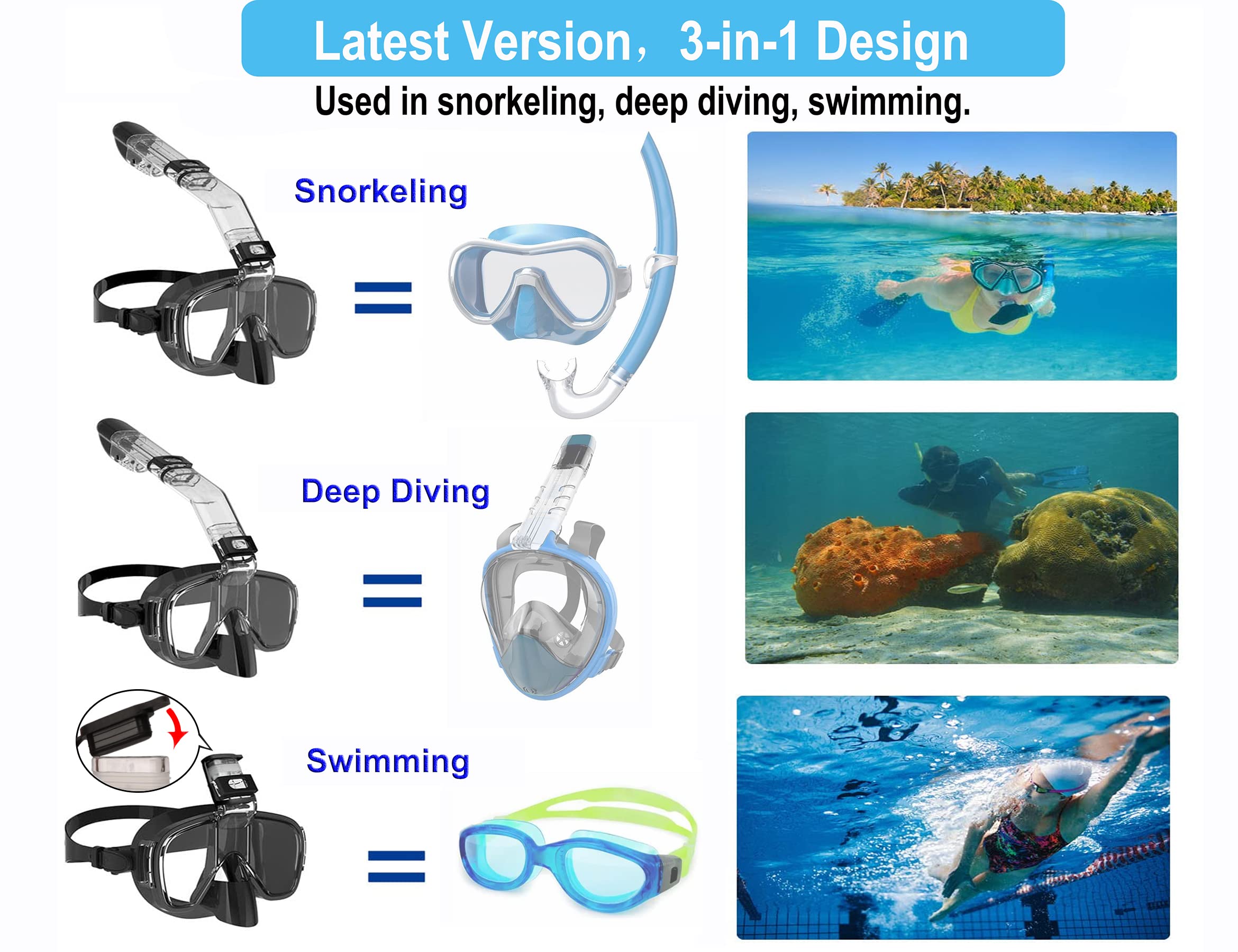 **Full Face Snorkel Mask - 180° Panoramic View, Anti-Fog & Leak Proof Scuba Diving Mask with Camera Mount - Perfect for Ocean, Beach & Pool Snorkeling Adventures**